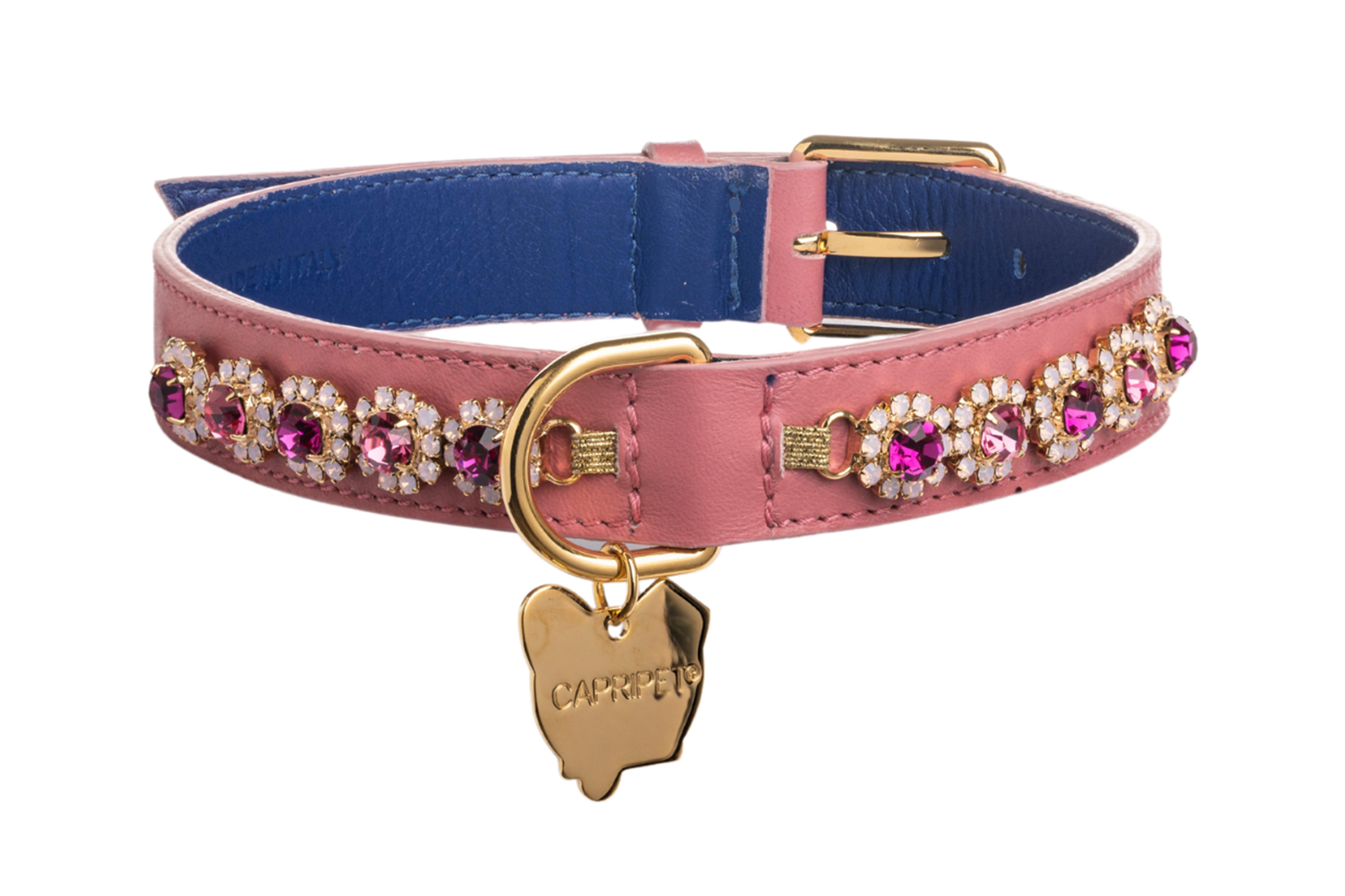 Bouganville Pink Leather Dog Collar - capripet
