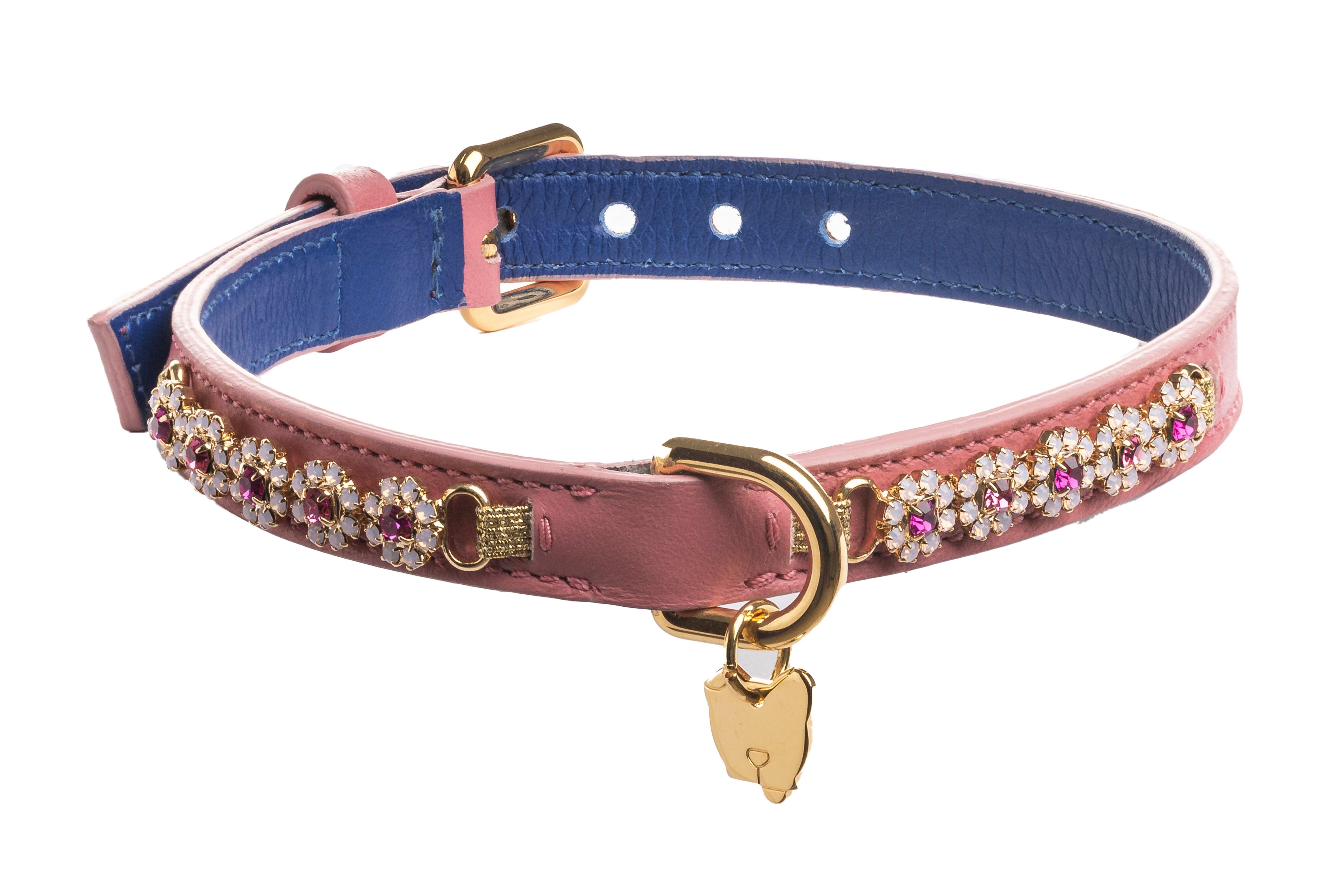 Bouganville Pink Leather Dog Collar - capripet