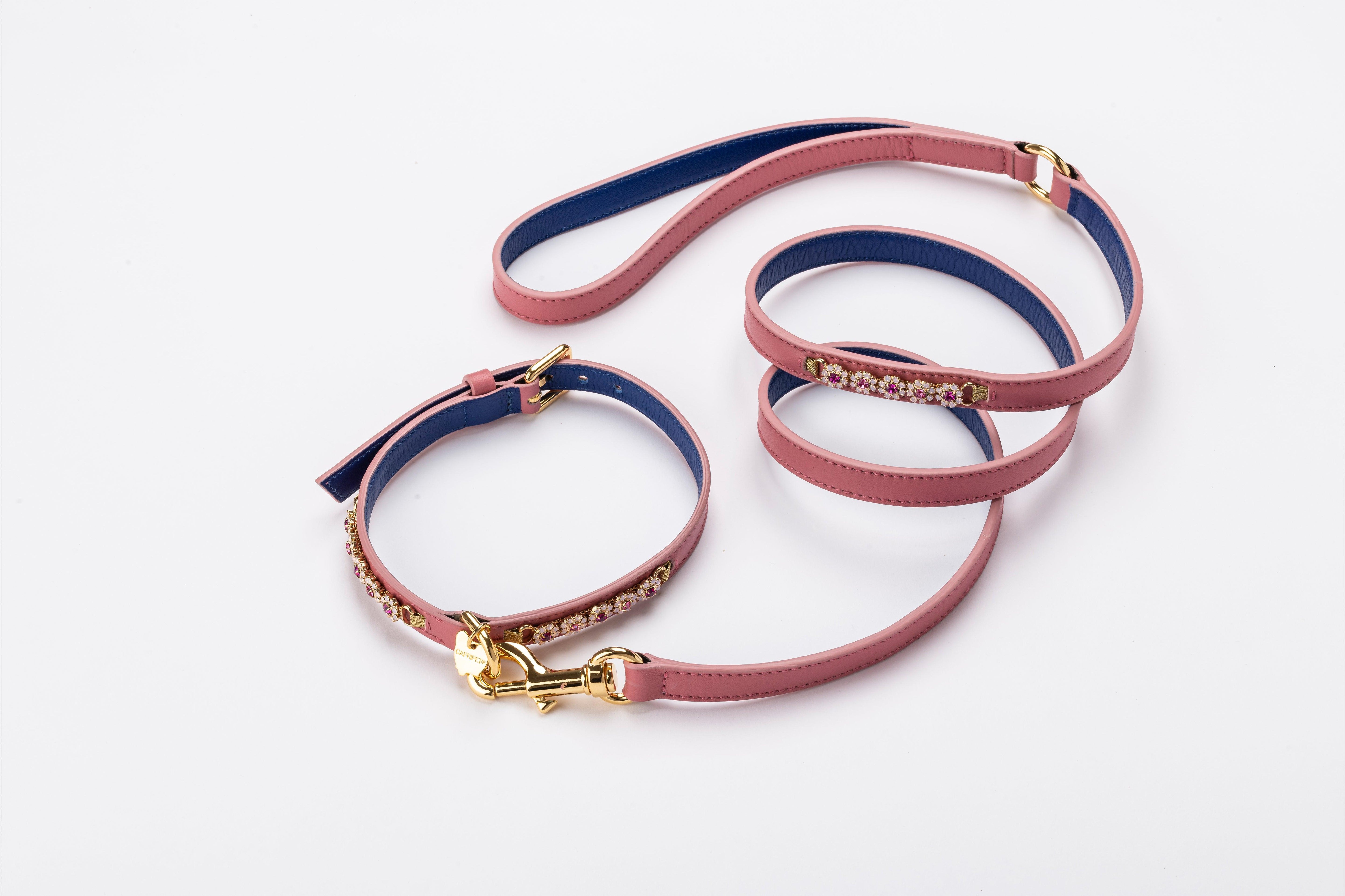 Bouganville Pink Leather Dog Collar - capripet