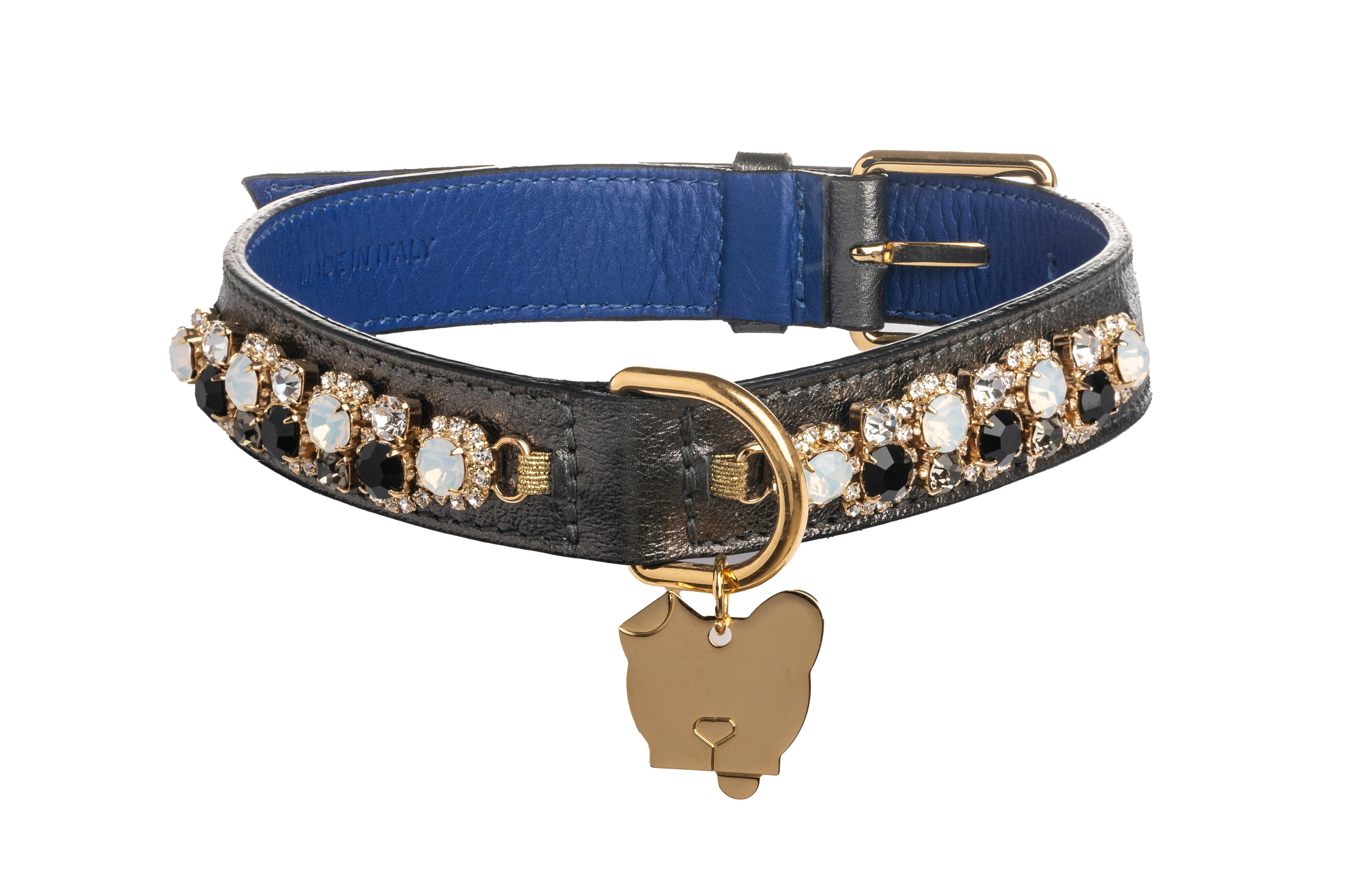 Tiberio Metallic Grey Leather Dog Collar - capripet
