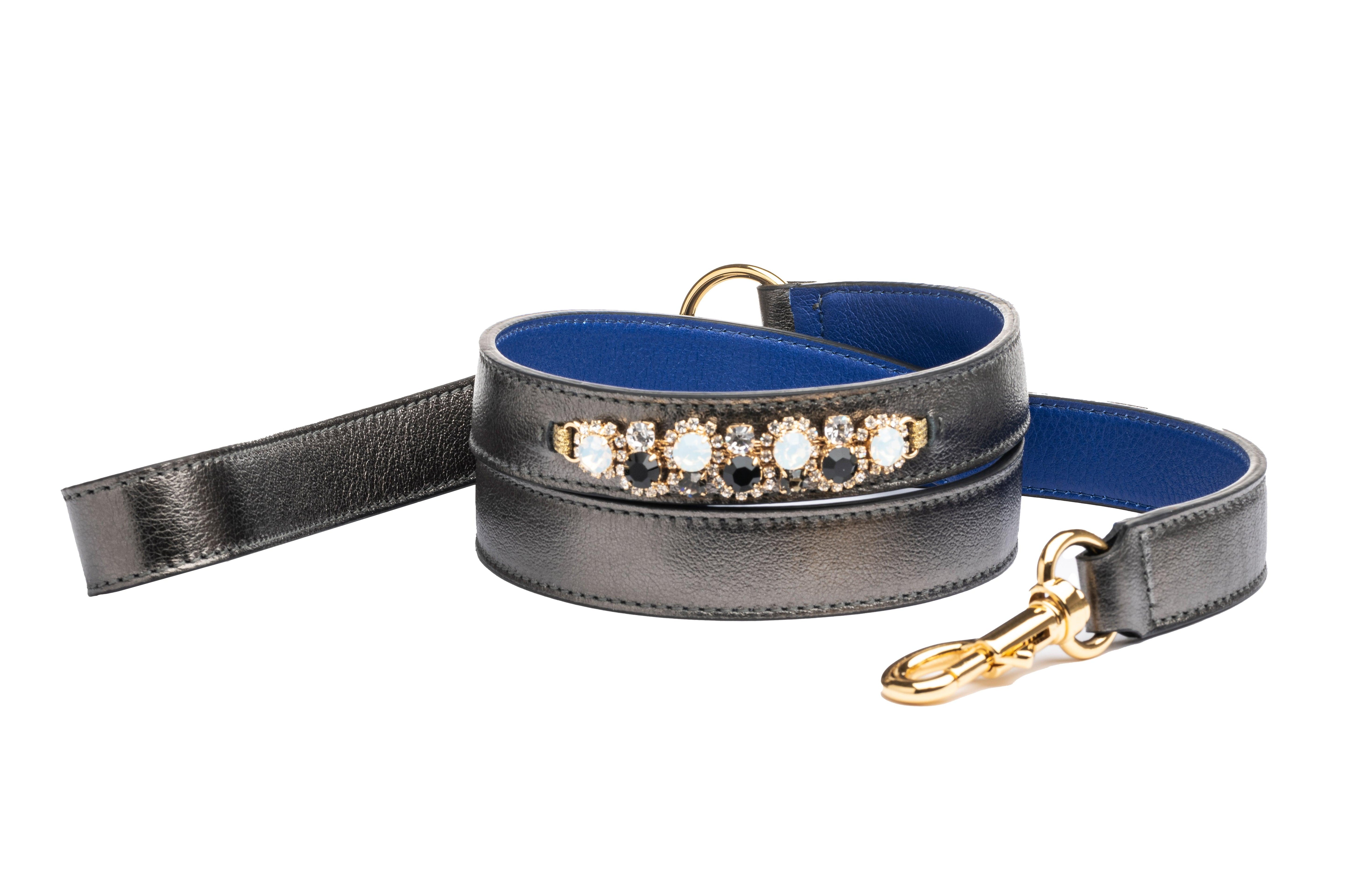 Tiberio Metallic Grey Leather Dog Leash - capripet