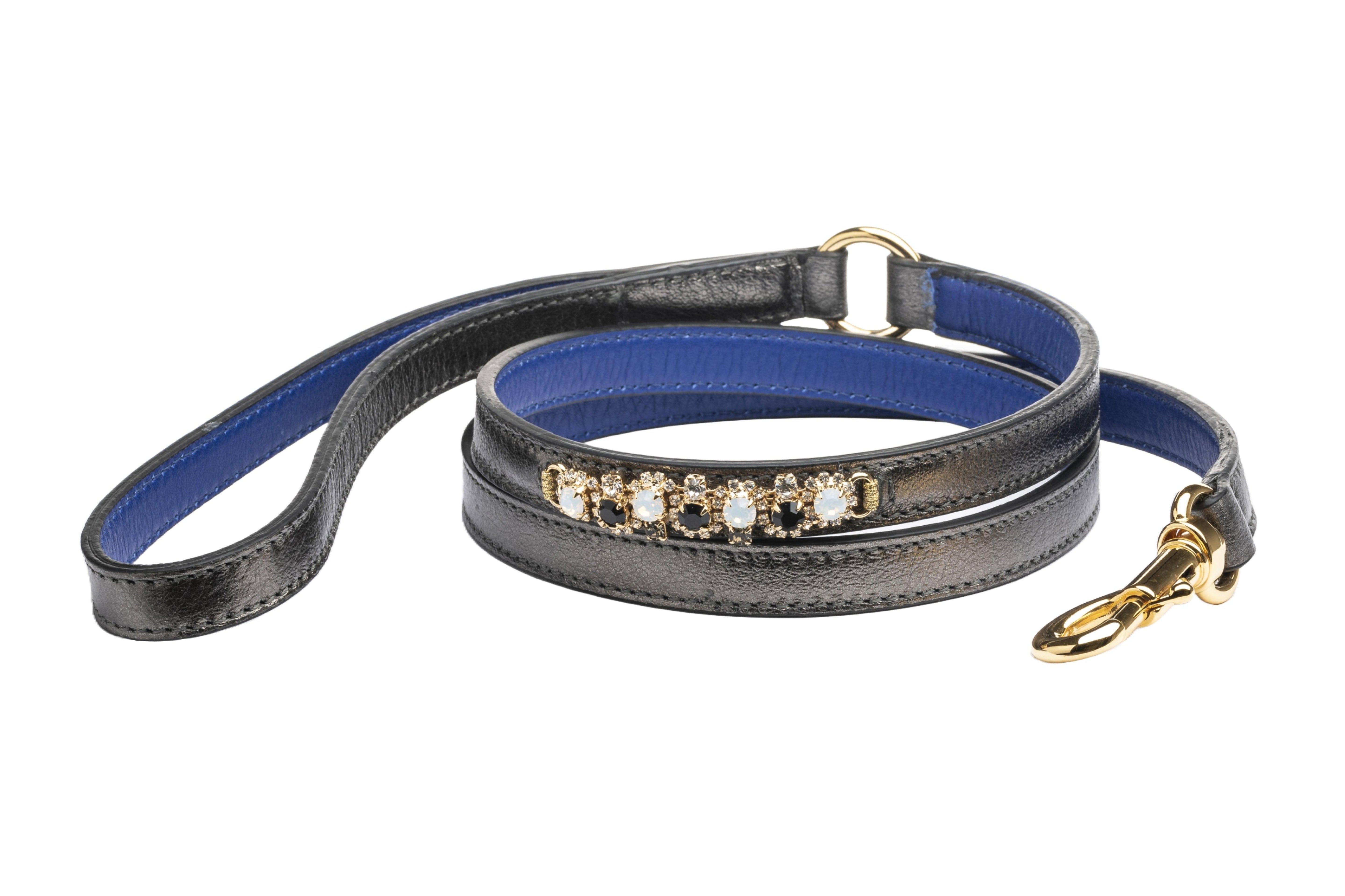 Tiberio Metallic Grey Leather Dog Leash - capripet
